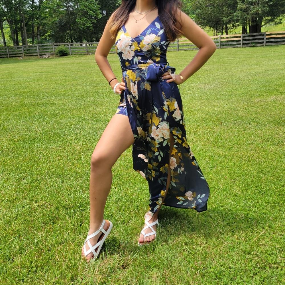 High Slit Cami Bodysuit Navy and Yellow
